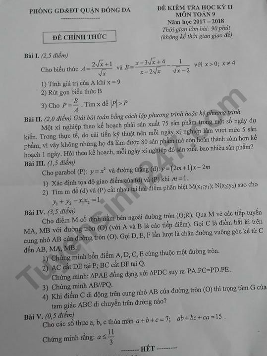 Đề thi cuối kì 2 môn Toán lớp 9 - Quận Đống Đa 2018 