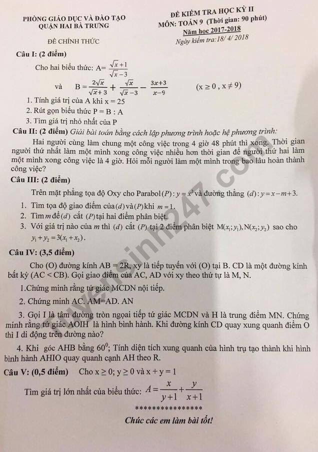 Đề thi học kì 2 lớp 9 môn Toán - Quận Hai Bà Trưng năm 2018