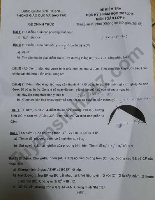 Đề thi kì 2 lớp 9 môn Toán - Quận Bình Thạnh năm 2018