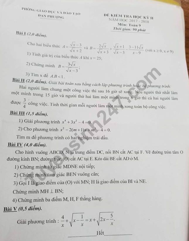 Đề thi kì 2 môn Toán lớp 9 năm 2018 - Đan Phượng