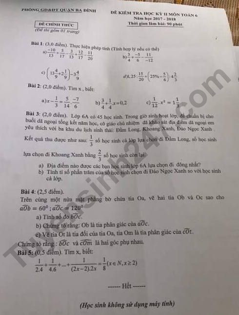 Đề thi kì 2 lớp 6 môn Toán - Quận Ba Đình năm 2018