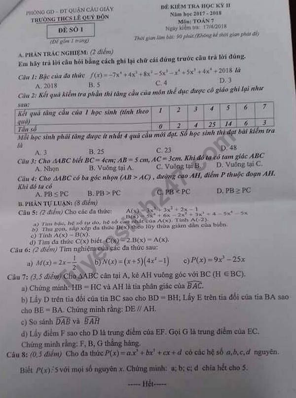 Đề thi kì 2 lớp 7 môn Toán - THCS Lê Quý Đôn 2018 