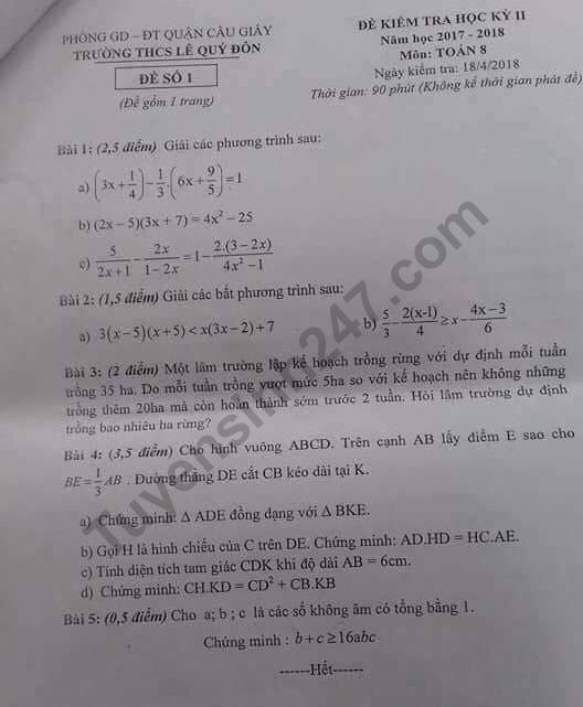 Đề thi học kì 2 lớp 8 môn Toán - THCS Lê Quý Đôn năm 2018