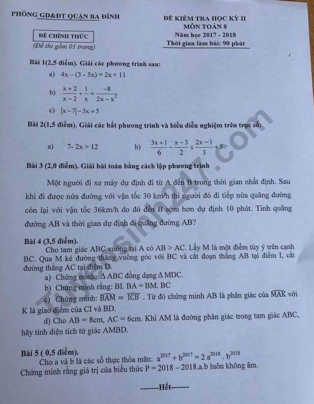 Đề thi kì 2 môn Toán lớp 8 - Quận Ba Đình năm 2018