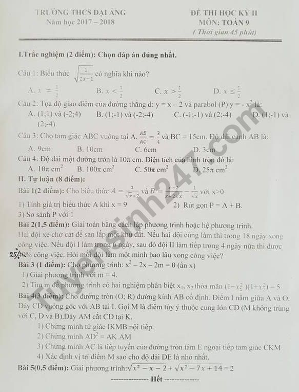 Đề thi kì 2 năm 2018 môn Toán  lớp 9 - Đại Áng