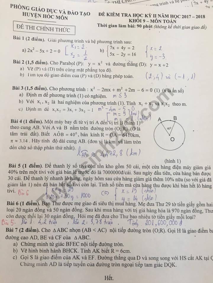 Đề kiểm tra kì 2 môn Toán lớp 9 - Huyện Hóc Môn 2018