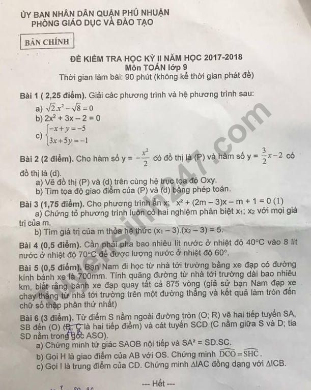 Đề thi kì 2 môn Toán lớp 9 - Quận Phú Nhuận năm 2018