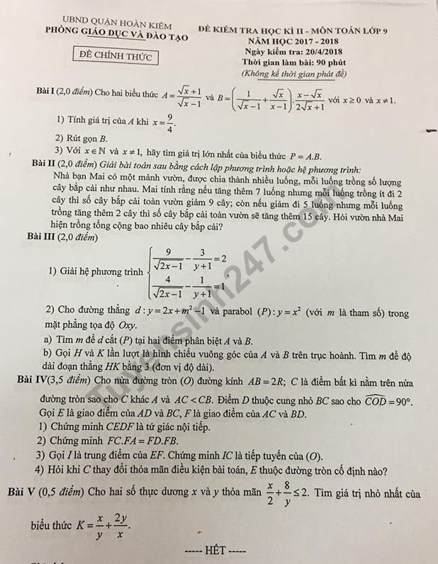 Đề thi kì 2 môn Toán lớp 9 - Quận Hoàn Kiếm năm 2018