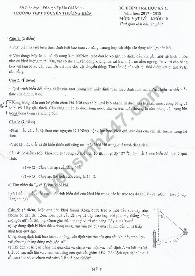 Đề thi kì 2 lớp 10 môn Lý 2018 - THPT Nguyễn Thượng Hiền