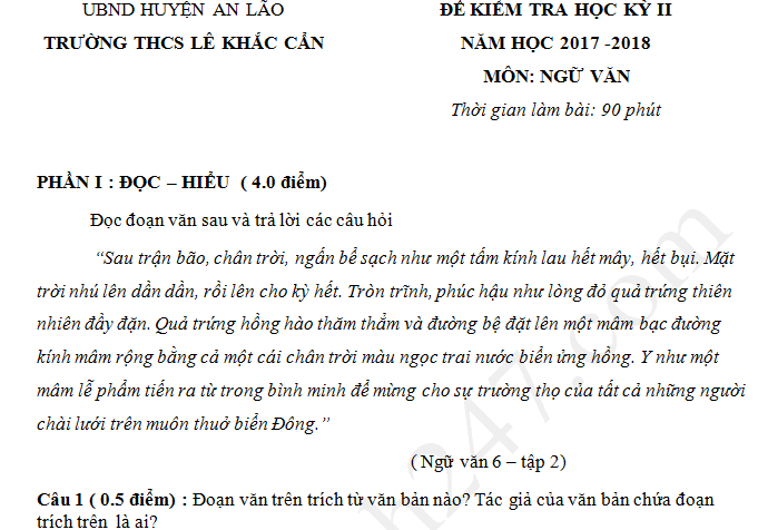 Đề thi kì 2 lớp 6 môn Văn - THCS Lê Khắc Cẩn 2018