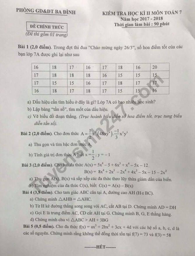 Đề thi kì 2 lớp 7 môn Toán quận Ba Đình 2018