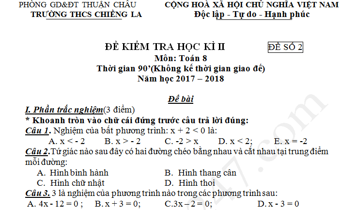 Đề thi kì 2 lớp 8 môn Toán - THCS Chiềng La năm 2018 