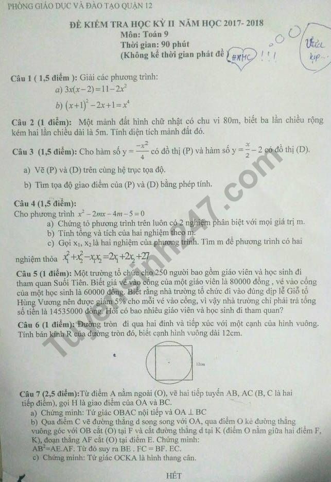 Đề kiểm tra học kì 2 lớp 9 môn Toán 2018 - Quận 12