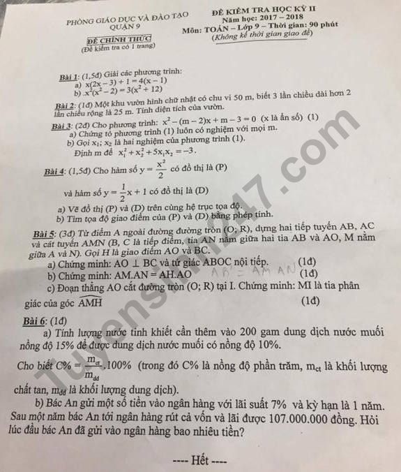 Đề thi học kì 2 môn Toán lớp 9 - Quận 9 năm 2018