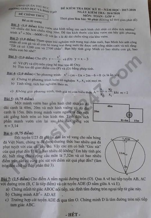 Đề thi kì 2 lớp 9 môn Toán Quận Thủ Đức năm 2018