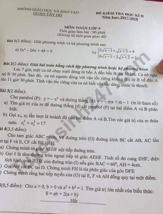 Đề thi kì 2 lớp 9 môn Toán - Quận Tây Hồ năm 2018