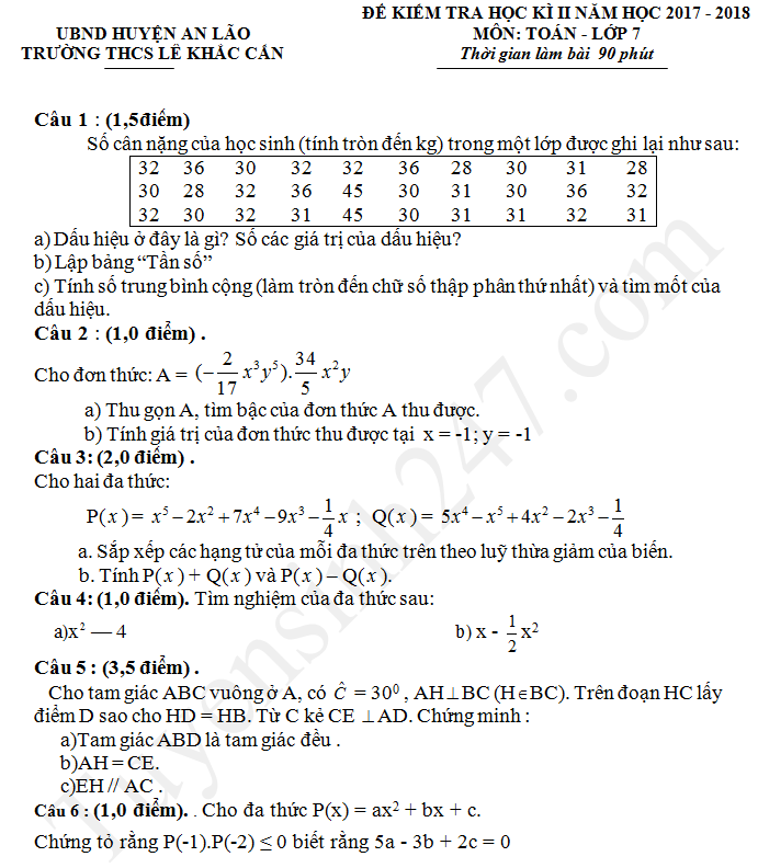 Đề thi học kì 2 lớp 7 môn Toán 2018 - THCS Lê Khắc Cẩn