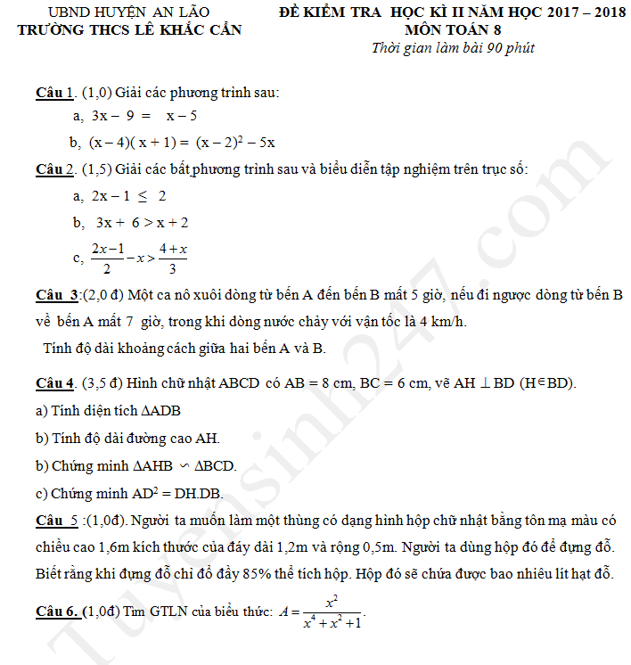 Đề thi kì 2 môn Toán lớp 8 - THCS Lê Khắc Cẩn 2018