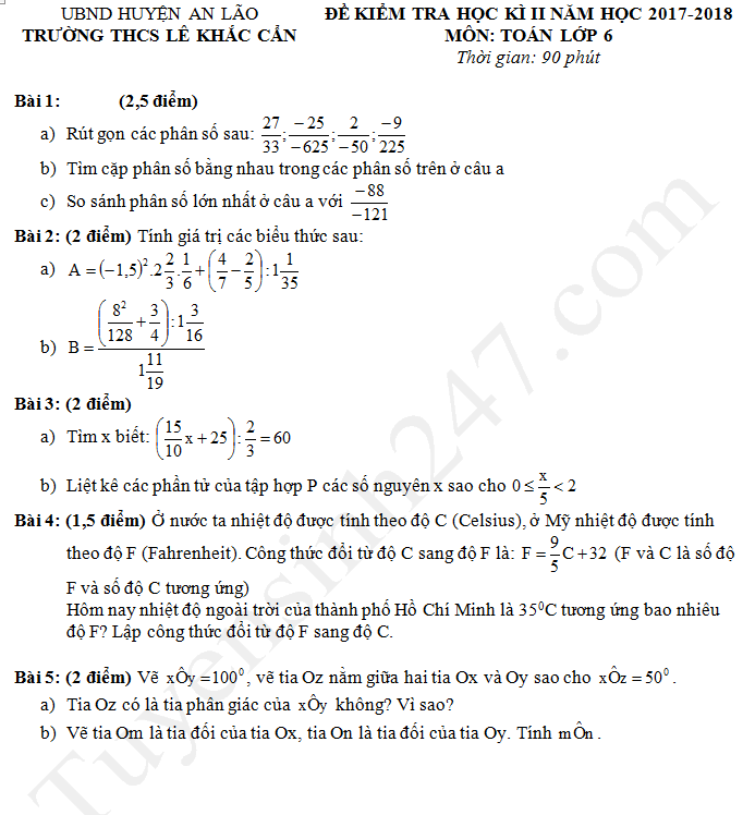 Đề thi kì 2 môn Toán lớp 6 - THCS Lê Khắc Cẩn 2018