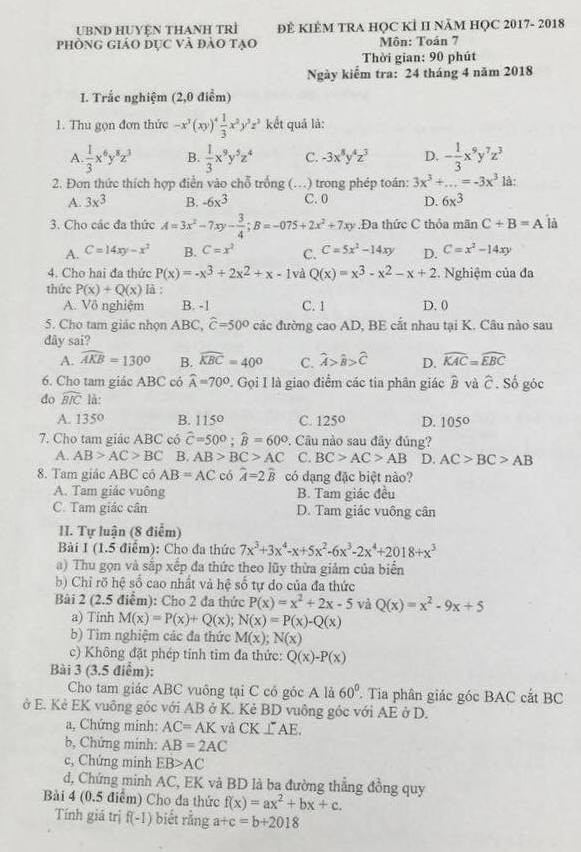 Đề thi học kì 2 lớp 7 môn Toán - Phòng GD Thanh Trì 2018 
