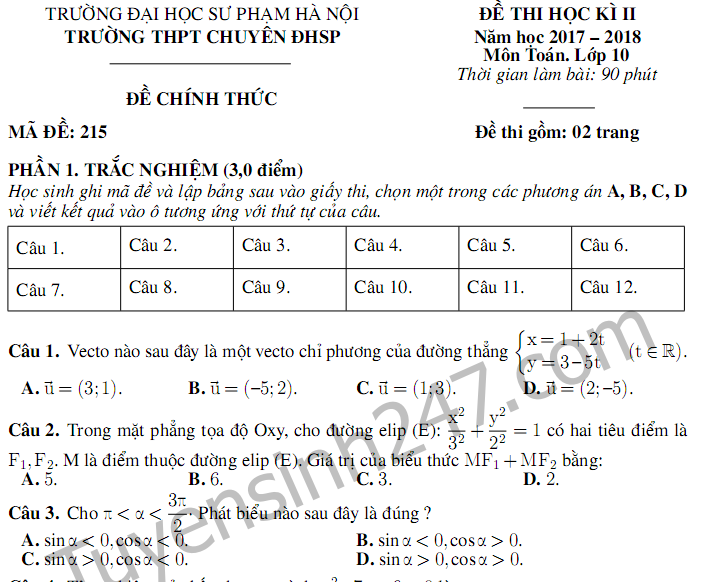 Đề thi kì 2 lớp 10 môn Toán - Chuyên ĐH Sư Phạm HN năm 2018 