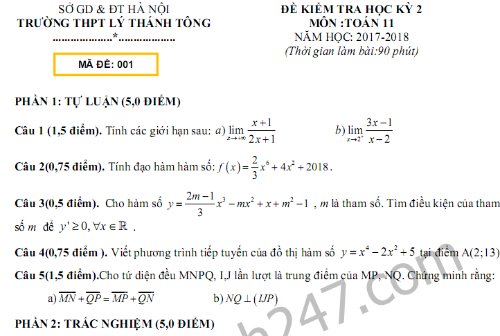 Đề thi học kì 2 lớp 11 môn Toán 2018 - THPT Lý Thánh Tông