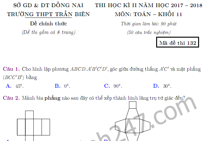 Đề thi học kì 2 lớp 11 môn Toán - THPT Trấn Biên 2018