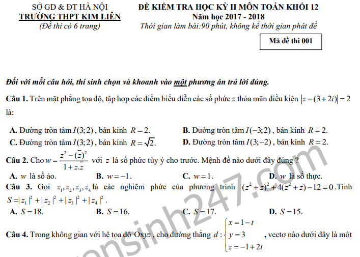Đề thi học kì 2 môn Toán lớp 12 - THPT Kim Liên năm 2018