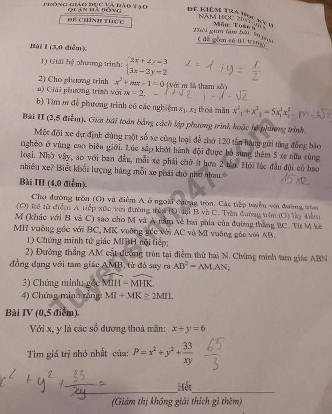 Đề thi học kì 2 môn Toán lớp 9 - Quận Hà Đông 2018