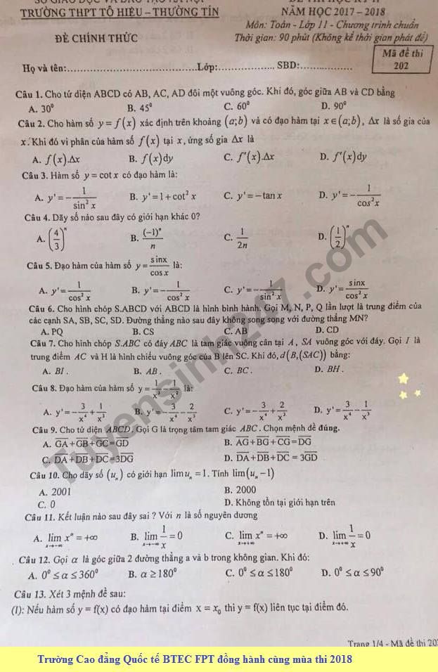 Đề thi học kì 2 lớp 11 môn Toán năm 2018 - THPT Tô Hiệu