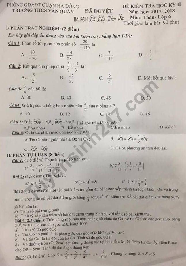 Đề thi kì 2 lớp 6 môn Toán - THCS Văn Quán 2018 