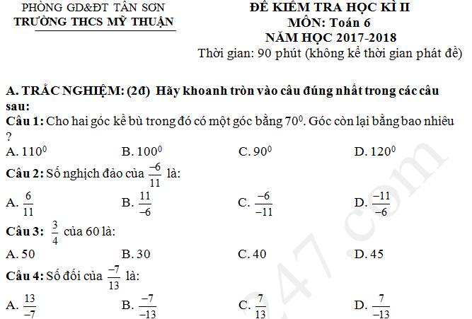 Đề thi kì 2 môn Toán lớp 6 - THCS Mỹ Thuận 2018