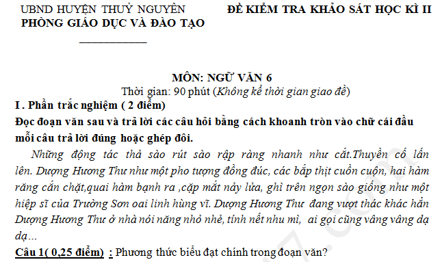 Đề thi học kì 2 lớp 6 môn Văn Phòng GD Thủy Nguyên 2018