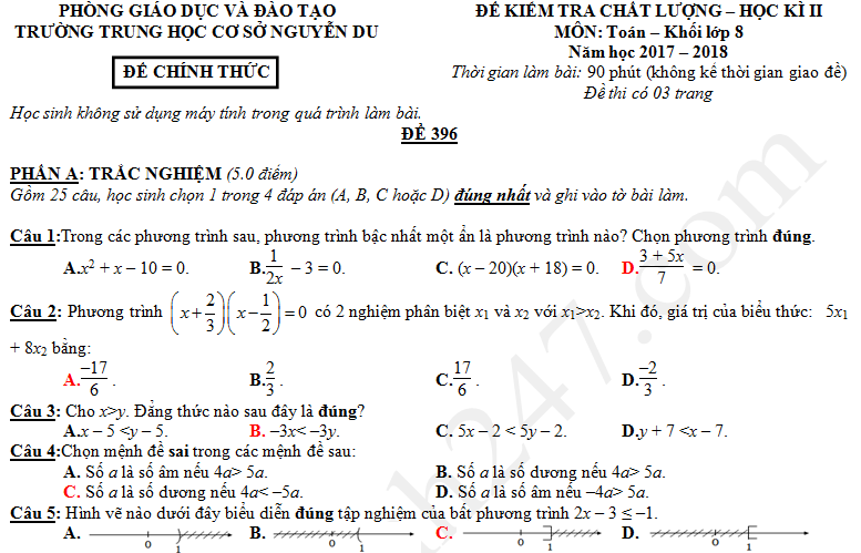 Đề thi kì 2 lớp 8 môn Toán - THCS Nguyễn Du năm 2018