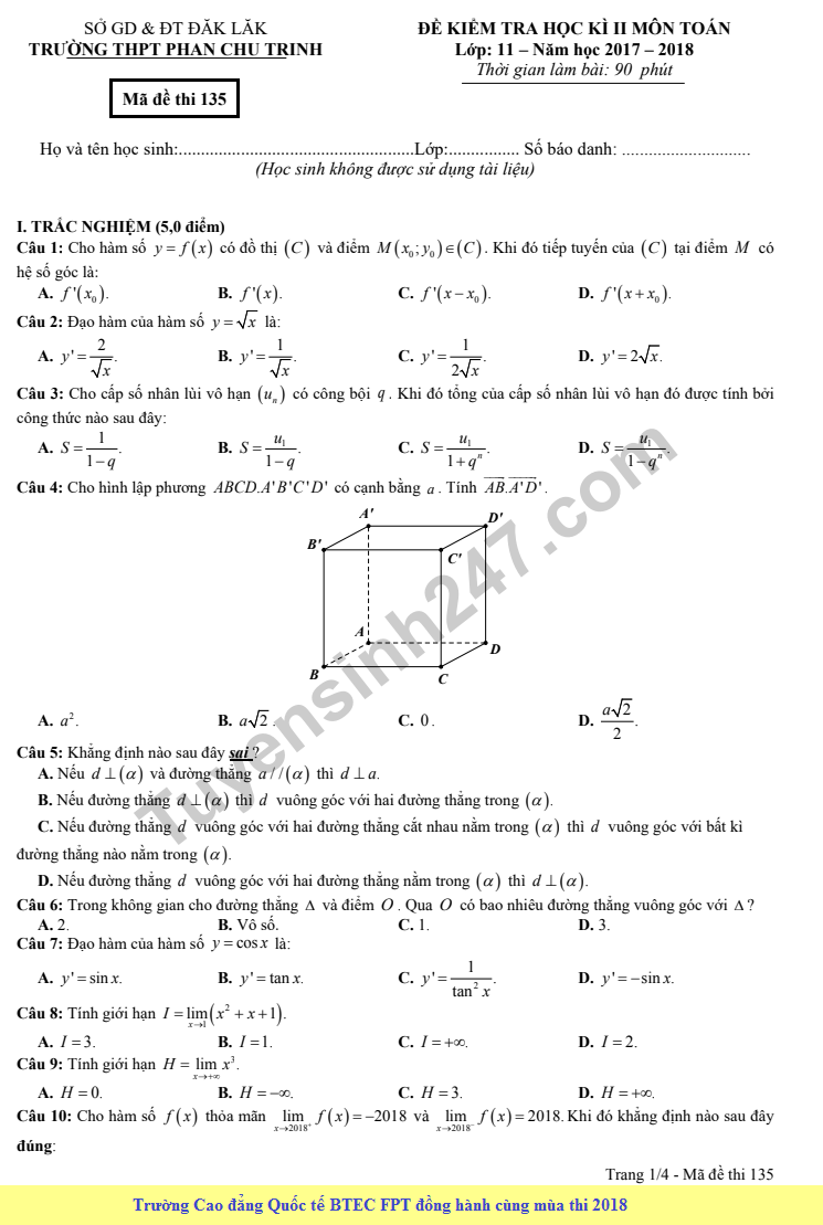 Đề thi học kì 2 lớp 11 môn Toán 2018 - THPT Phan Chu Trinh