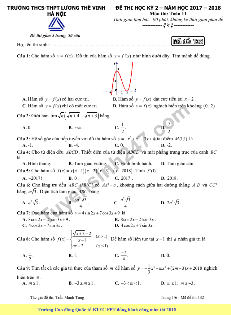 Đề thi học kì 2 lớp 11 môn Toán - THPT Lương Thế Vinh 2018