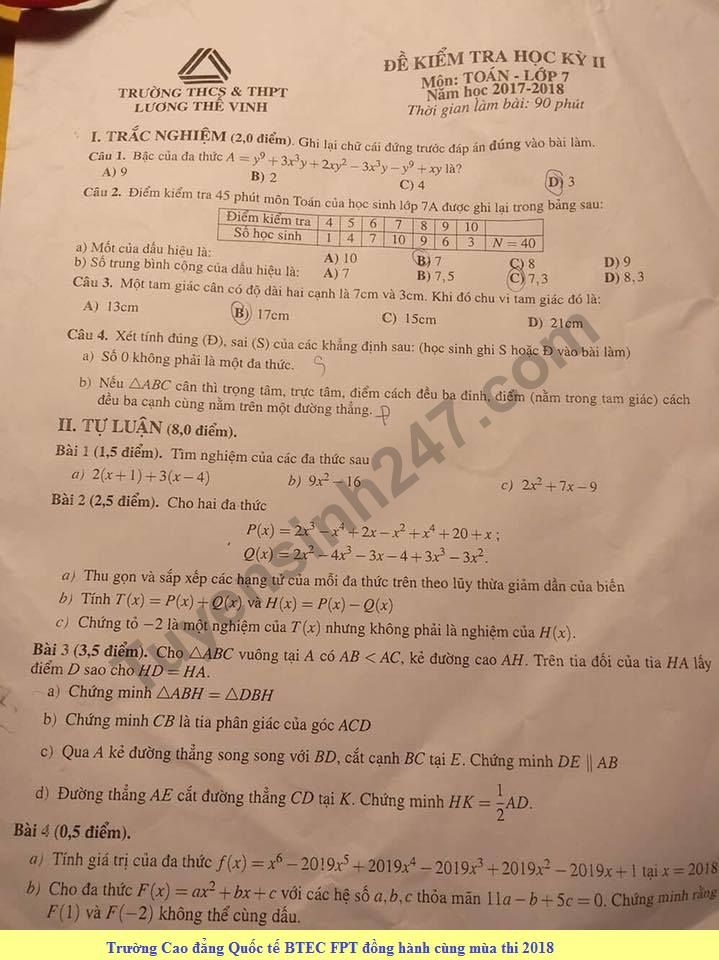 Đề thi kì 2 lớp 7 môn Toán - THCS&THPT Lương Thế Vinh 2018