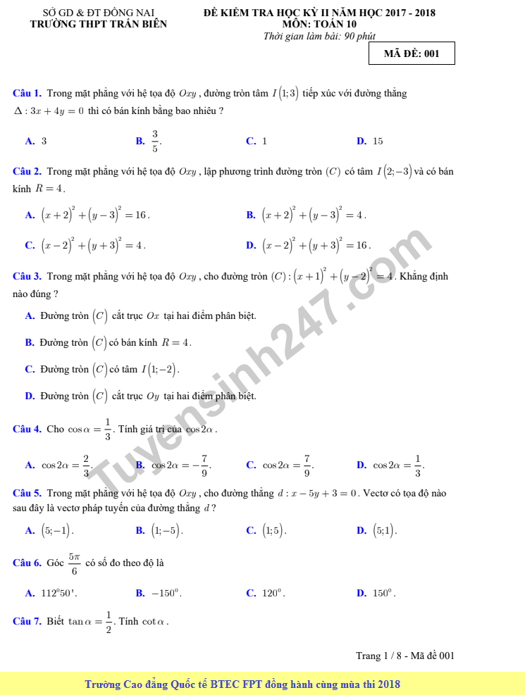 Đề thi học kì 2 lớp 10 môn Toán - THPT Trấn Biên 2018