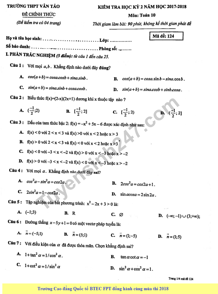 Đề kiểm tra học kì 2 môn Toán lớp 10 - THPT Vân Tảo năm 2018