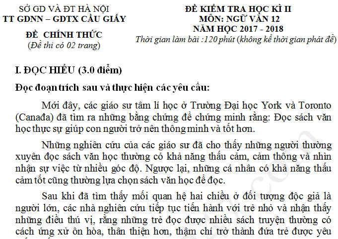 Đề thi học kì 2 lớp 12 môn Văn - THPT Cầu Giấy năm 2018