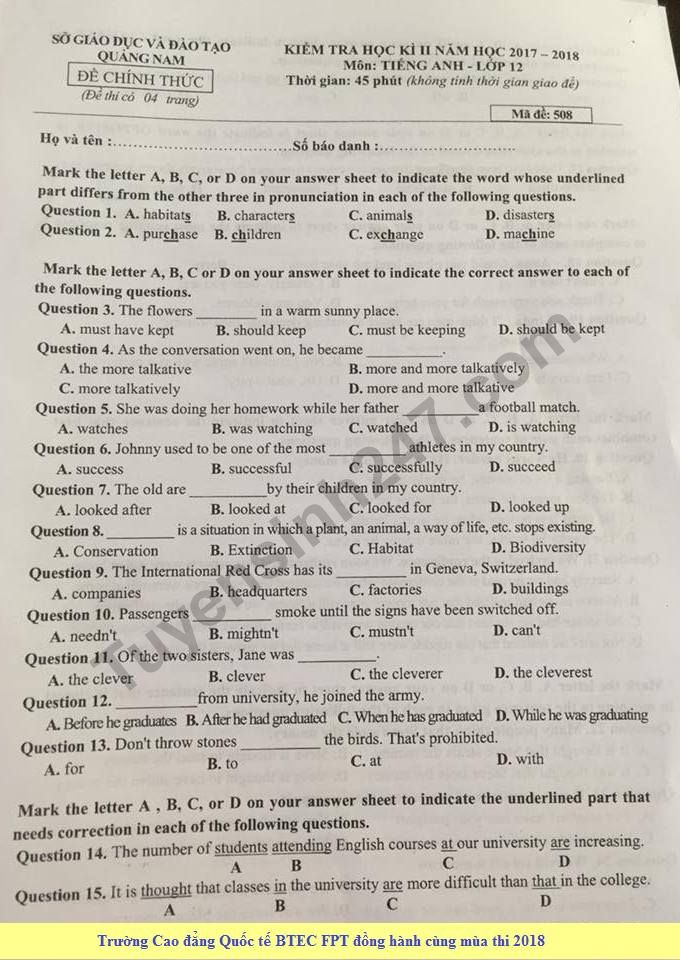 Đề thi học kì 2 lớp 12 môn Tiếng Anh - Sở GD&ĐT Quảng Nam 2018