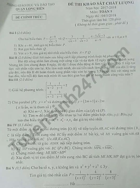 Đề thi kì 2 lớp 9 môn Toán - Quận Long Biên 2018 