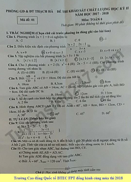 Đề thi học kì 2 môn Toán lớp 8 - Phòng GD&ĐT Thạch Hà năm 2018