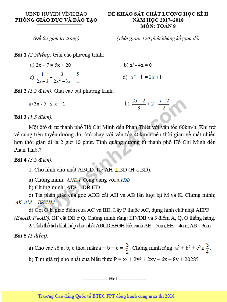 Đề kiểm tra học kì 2 môn Toán lớp 8 - Phòng GD&ĐT Vĩnh Bảo 2018