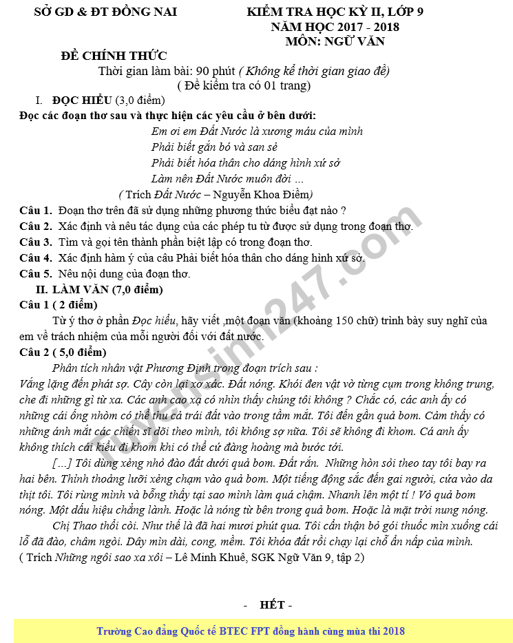 Đề kiểm tra học kì 2 môn Văn lớp 9 - Sở GD&ĐT Đồng Nai 2018