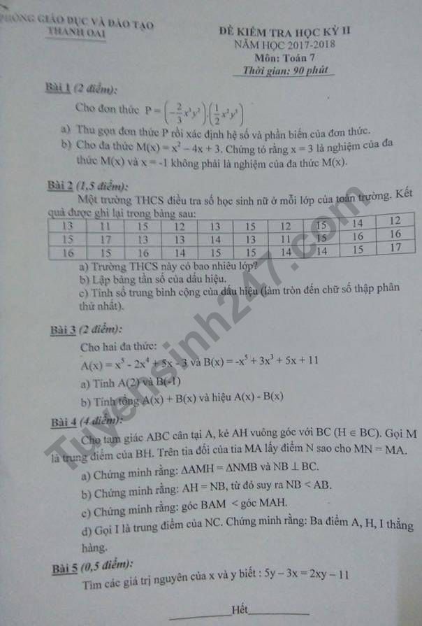 Đề thi cuối kì 2 lớp 7 môn Toán - Thanh Oai 2018