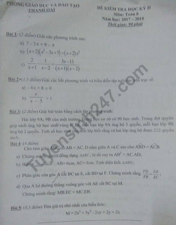 Đề thi kì 2 môn Toán lớp 8 - Thanh Oai 2018