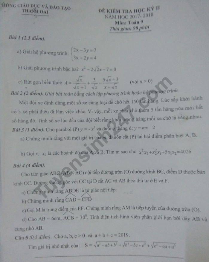 Đề thi kì 2 lớp 9 môn Toán - Thanh Oai 2018