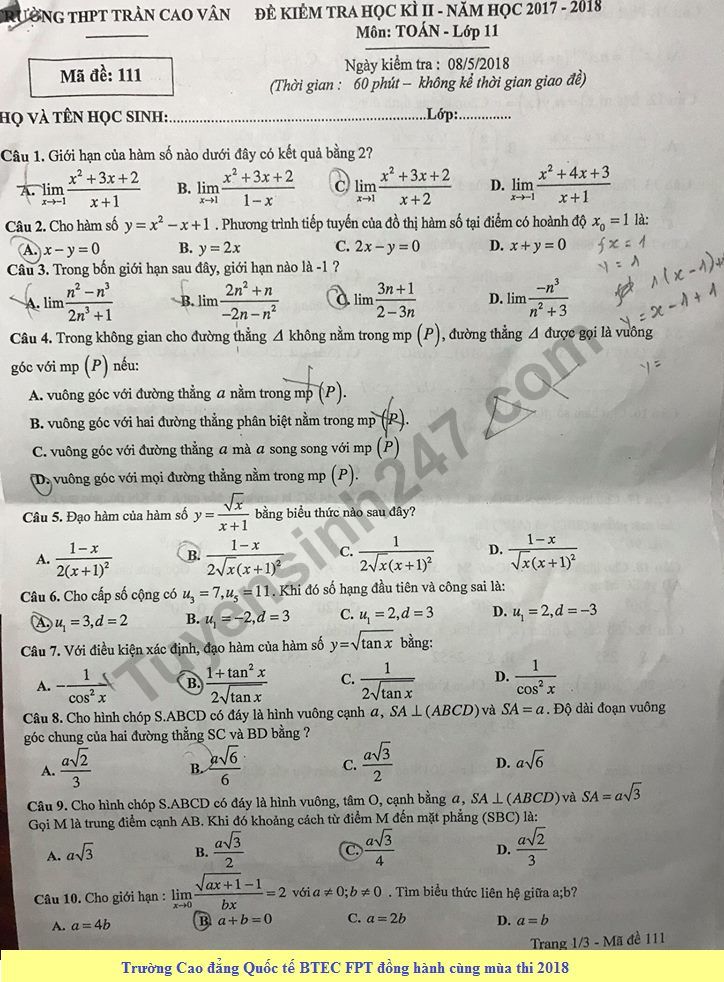 Đề thi cuối học kì 2 lớp 11 môn Toán - THPT Trần Cao Vân 2018