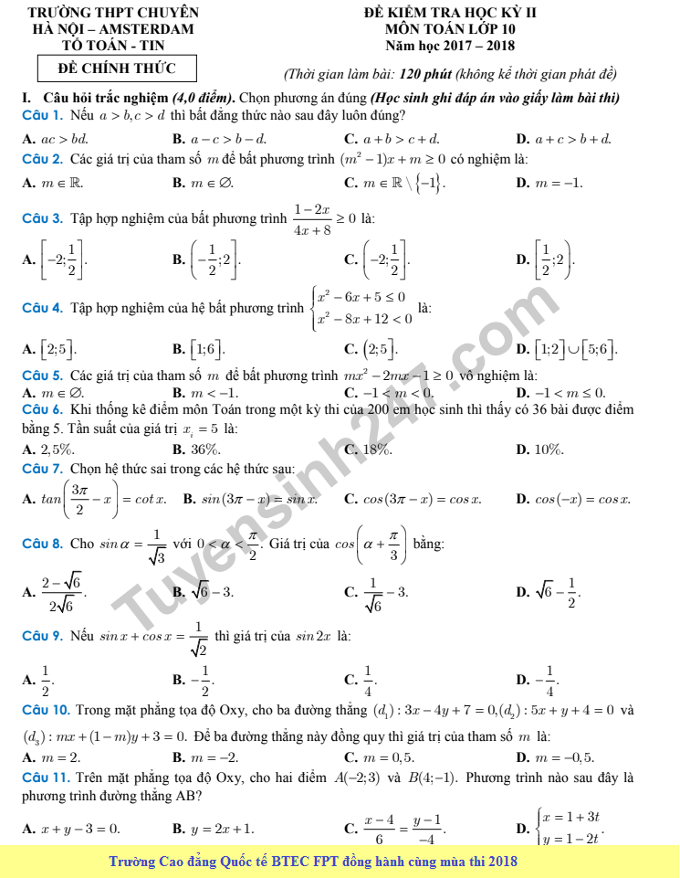 Đề kiểm tra học kì 2 môn Toán lớp 10 - THPT chuyên Amsterdam 2018